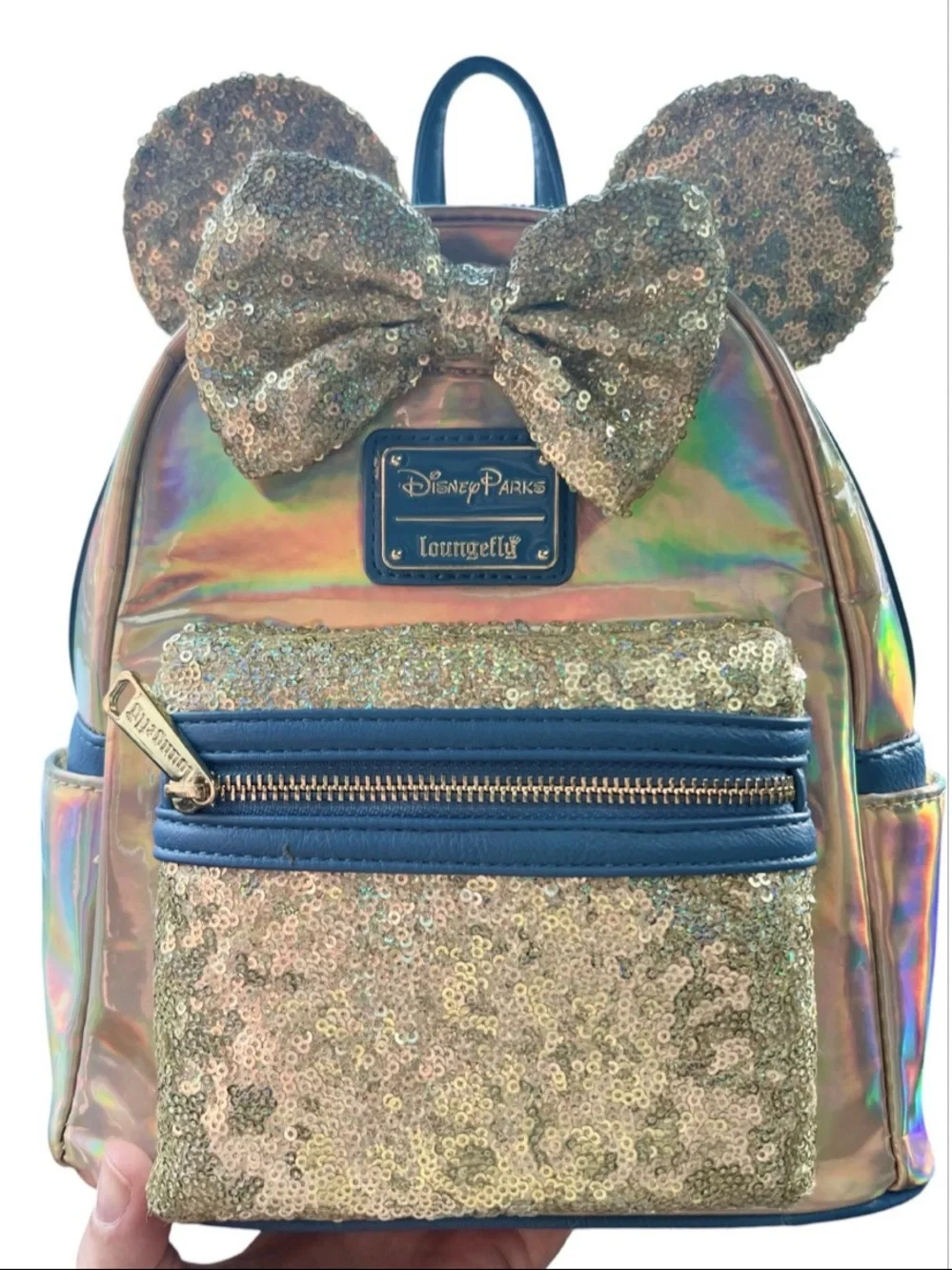 Loungefly Disney Minnie Mouse Iridescent Silver Sequin Ears Mini Backpack Bag